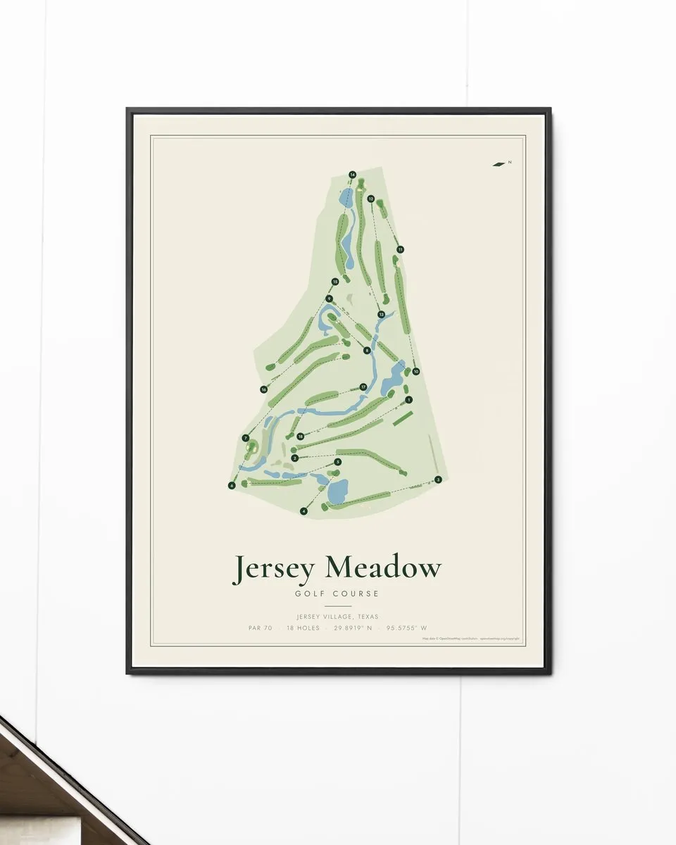 Jersey Meadow Golf Course golf course map print framed on a wall