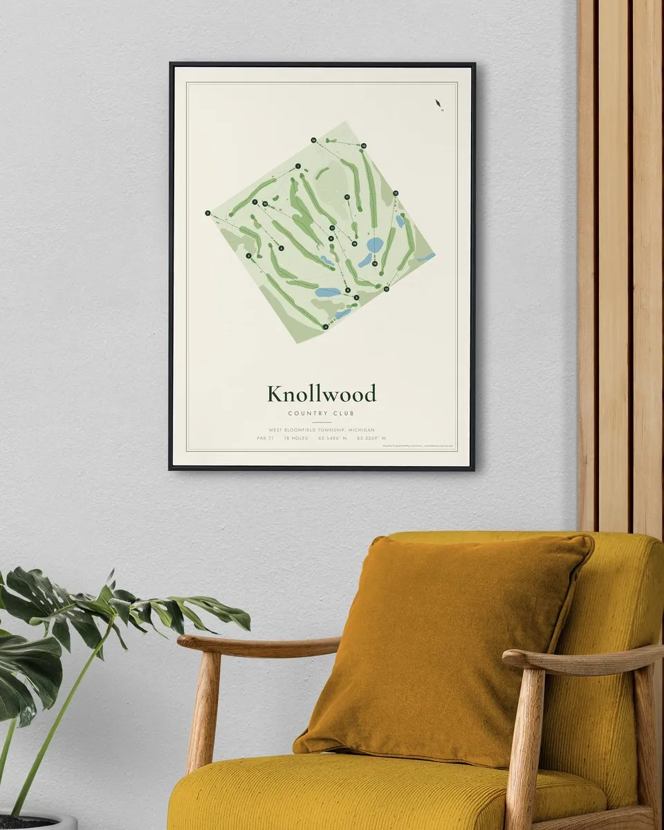 Knollwood Country Club golf course map print framed on a wall