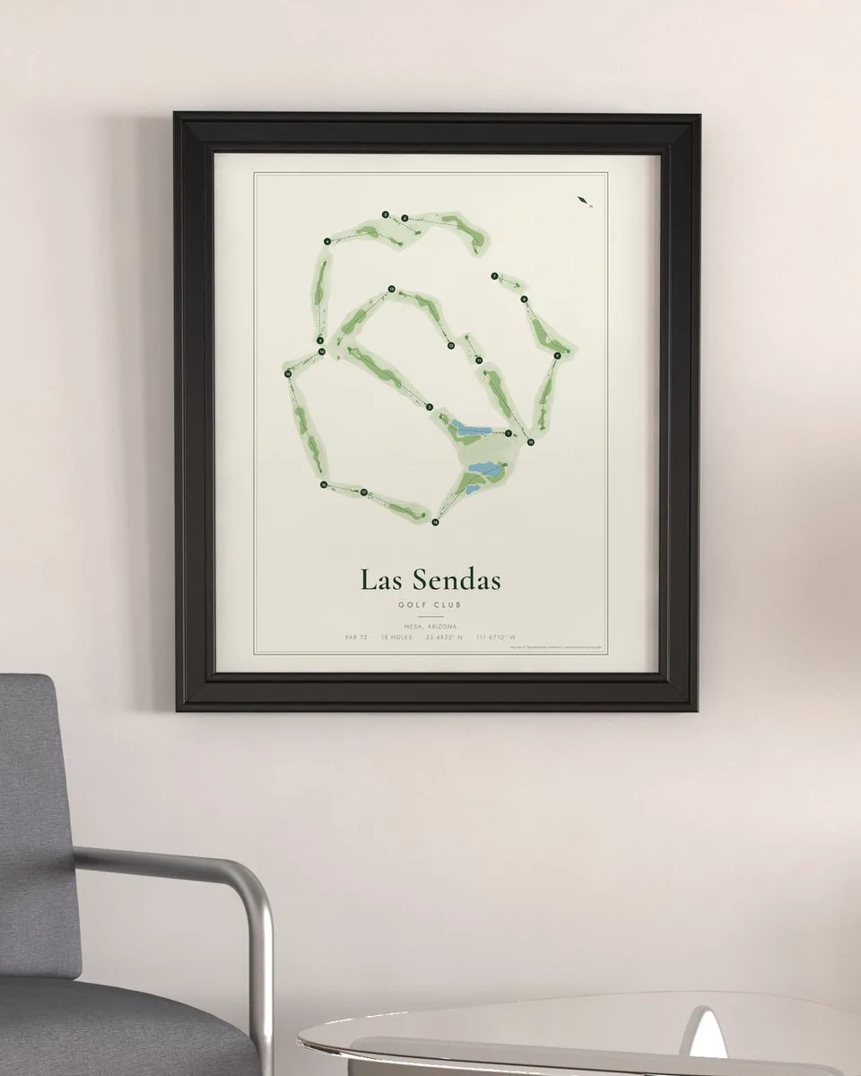 Las Sendas Golf Club golf course map print framed on a wall