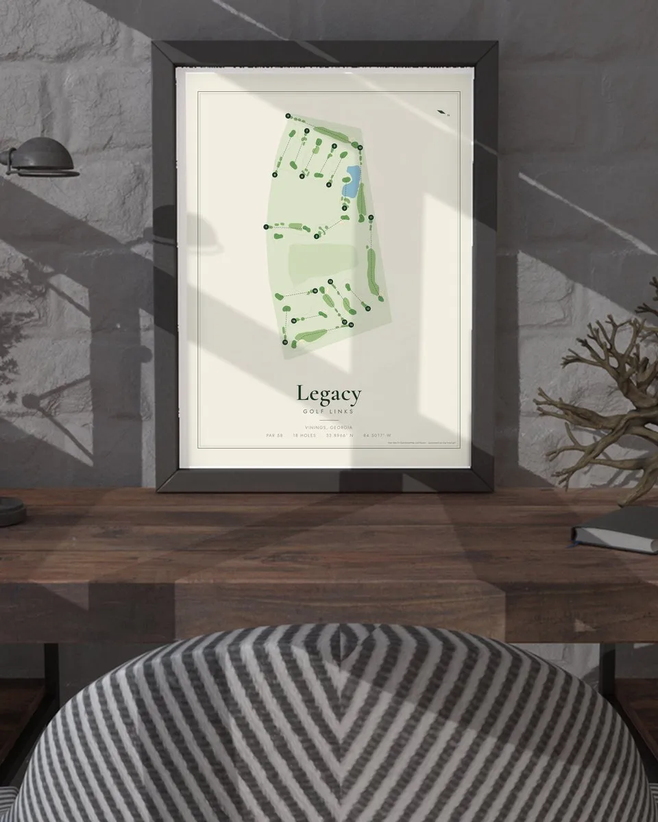 Legacy Golf Links golf course map print framed on a wall