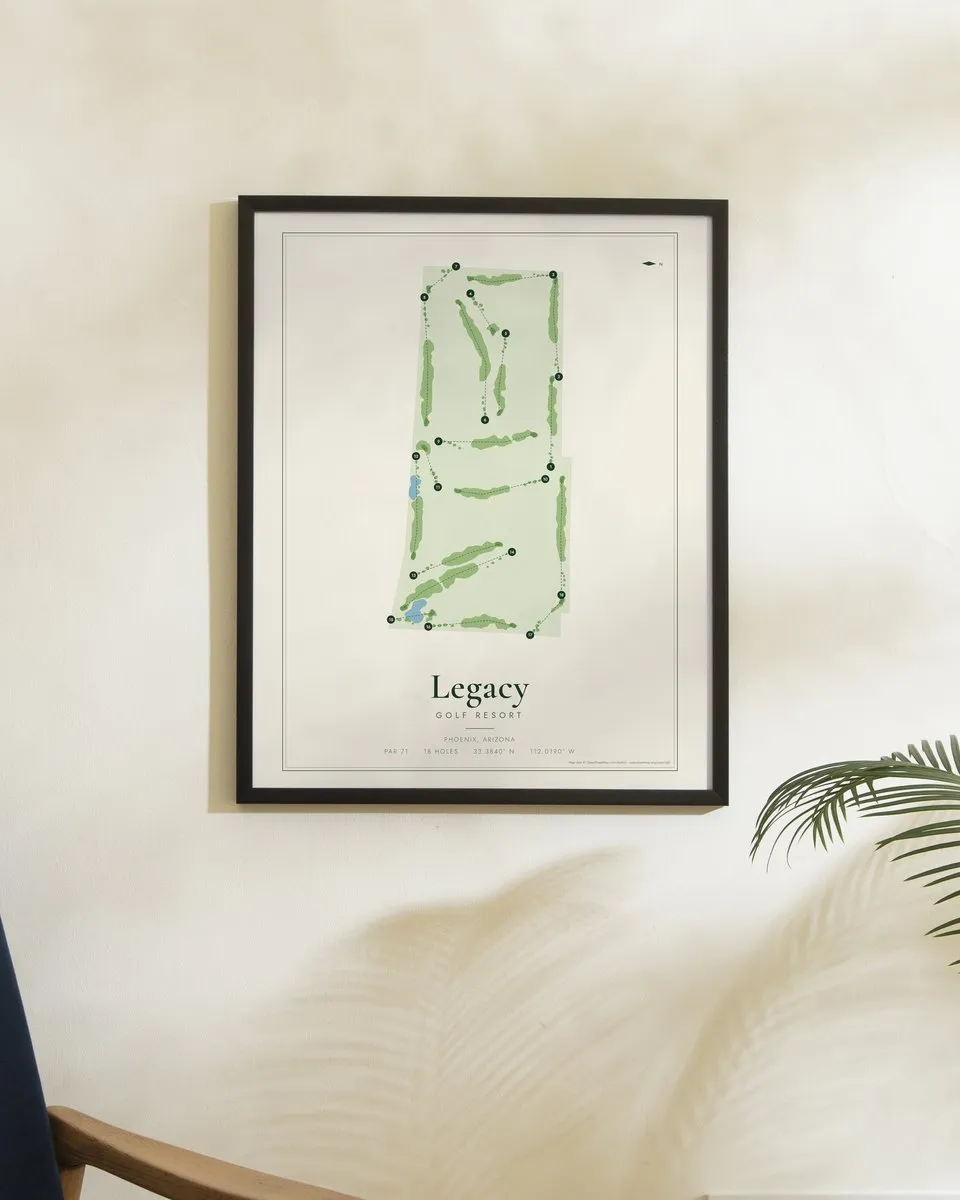 Legacy Golf Resort Phoenix golf course map print framed on a wall
