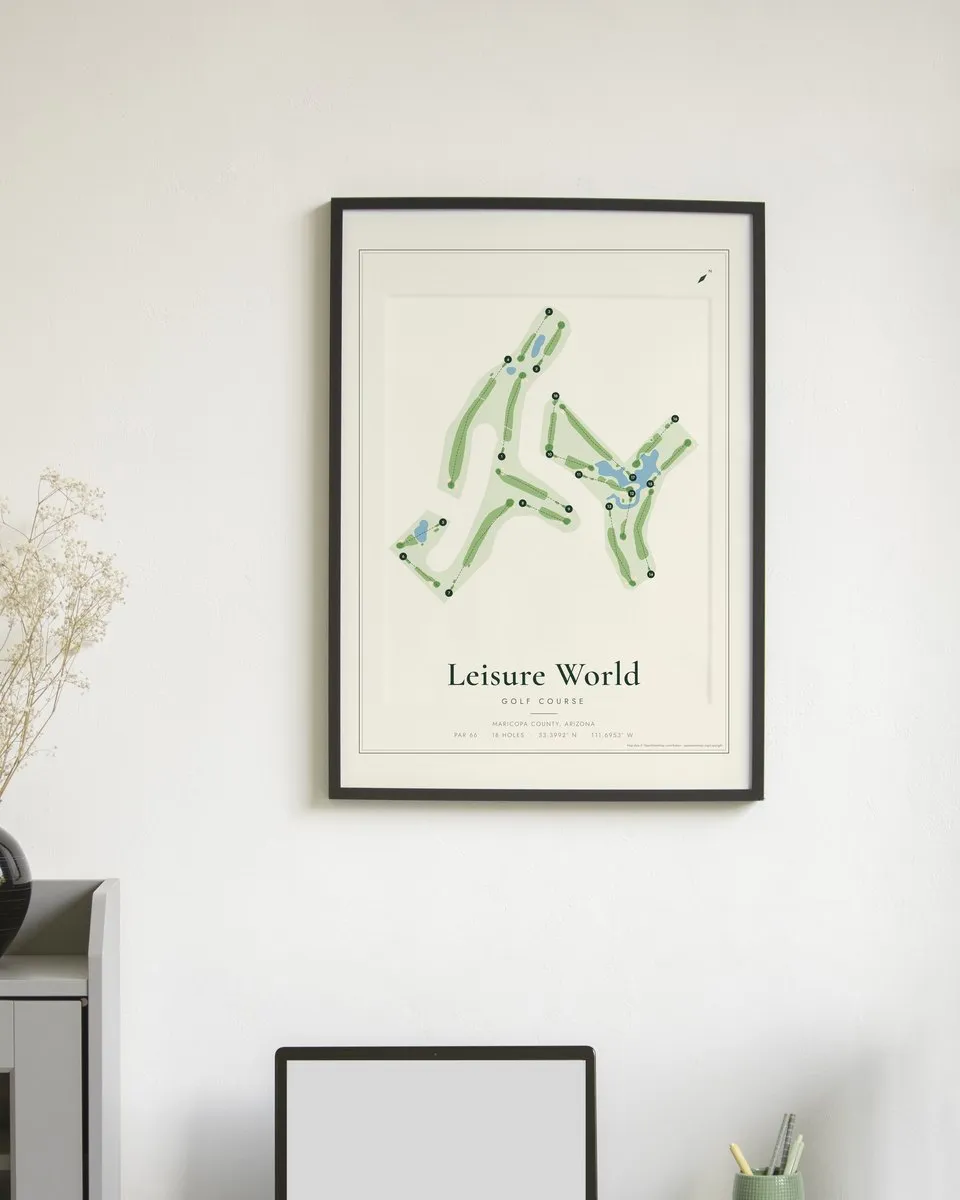 Leisure World - Heron Lakes Golf Course golf course map print framed on a wall