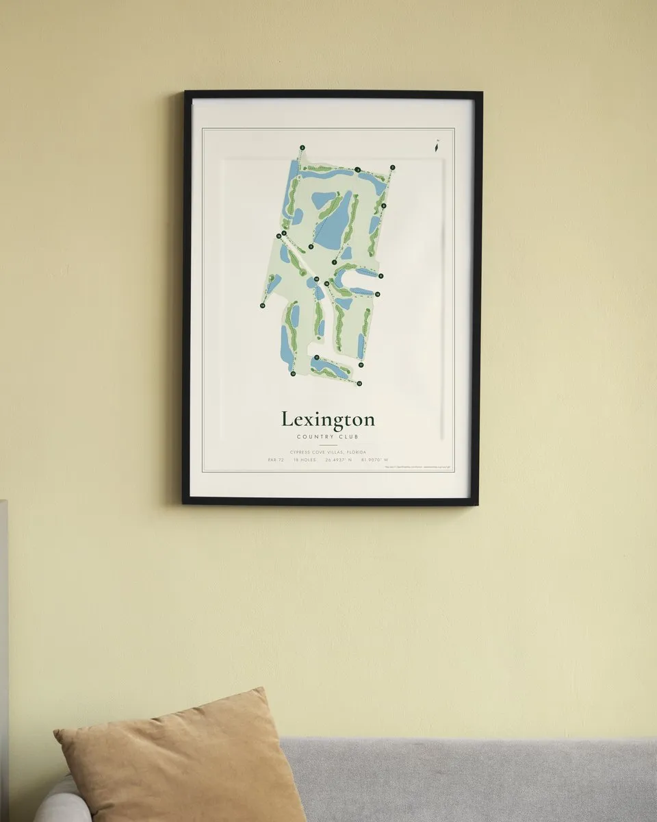 Lexington Country Club golf course map print framed on a wall