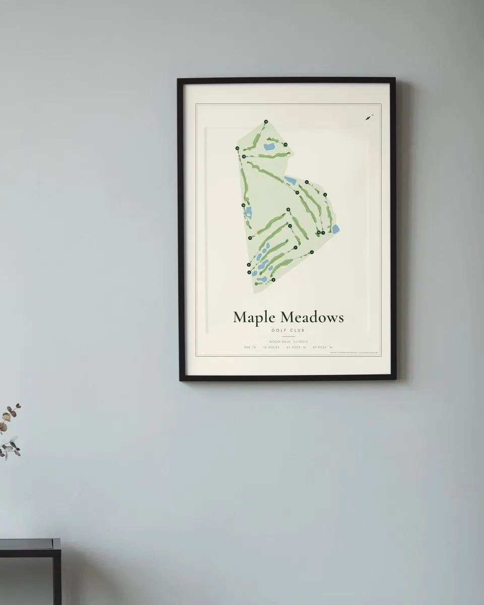 Maple Meadows Golf Club golf course map print framed on a wall