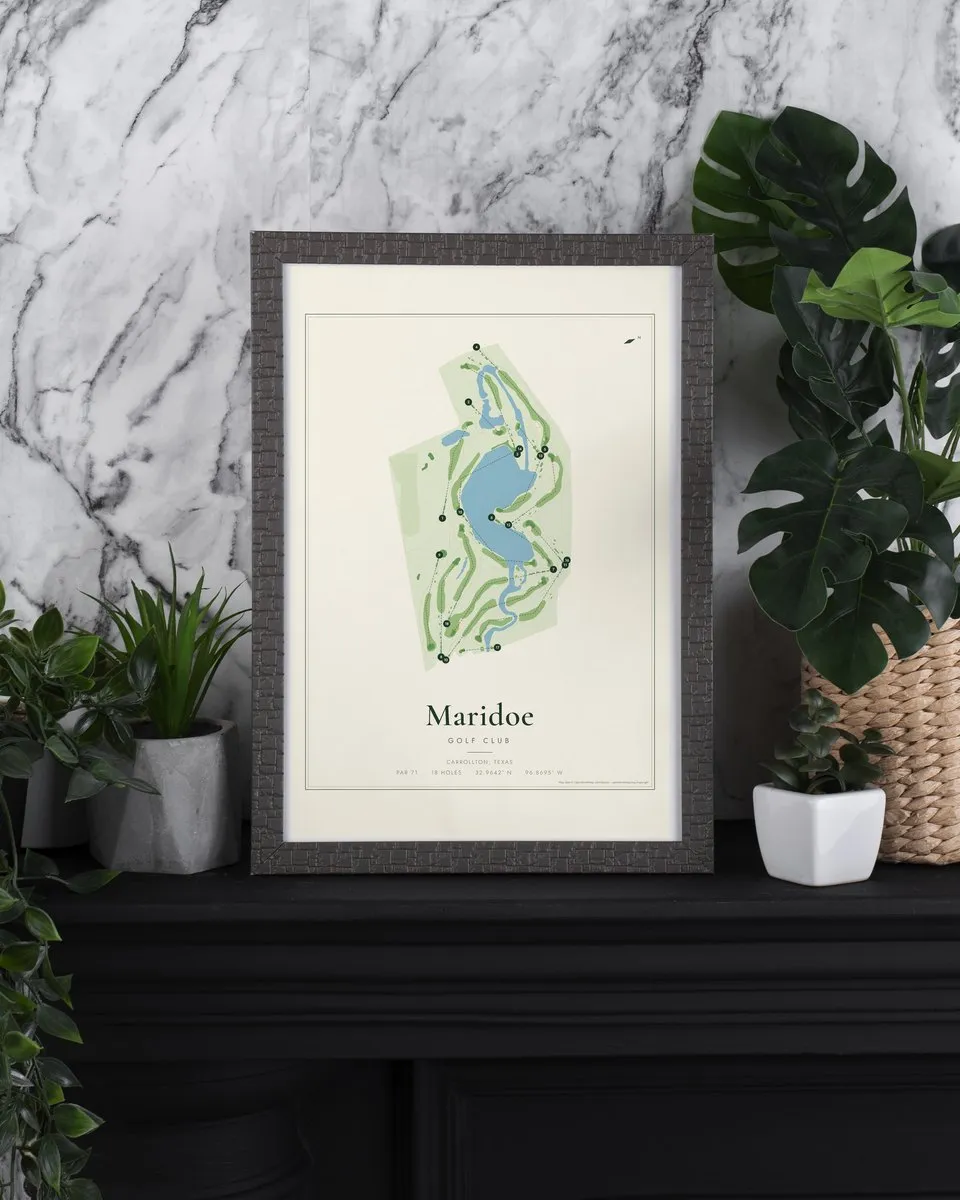 Maridoe Golf Club golf course map print framed on a wall