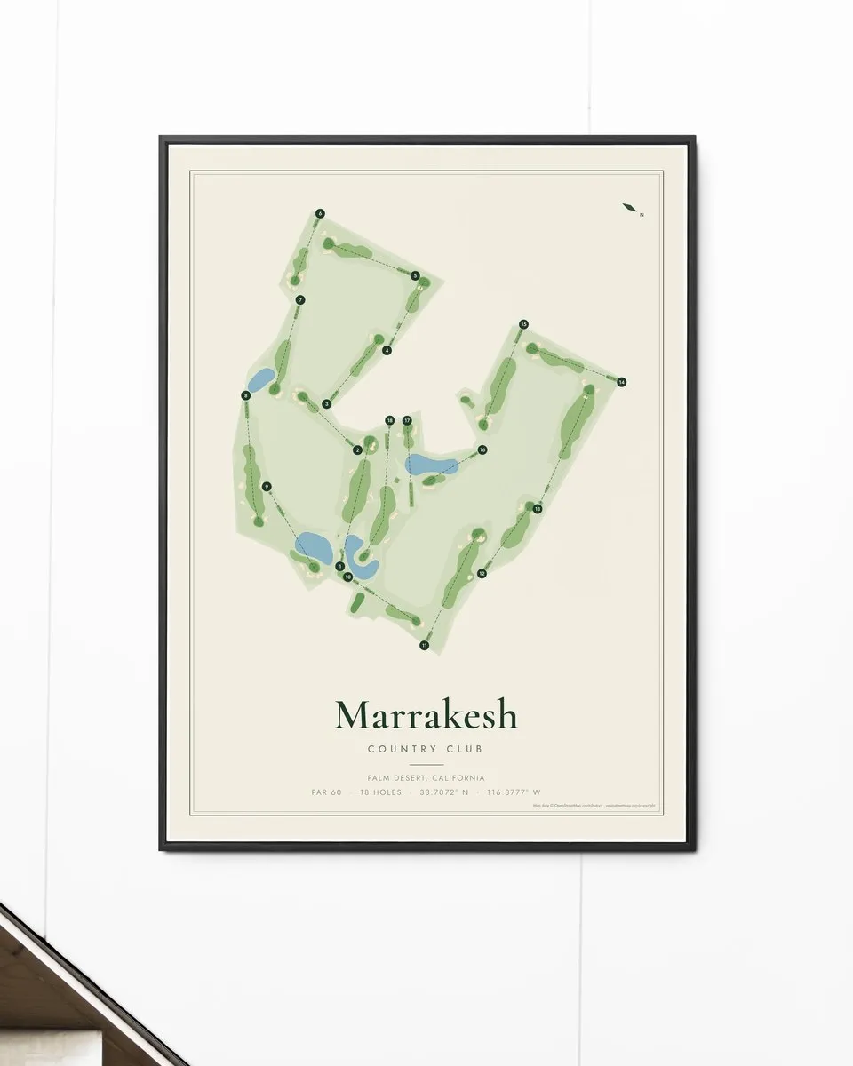Marrakesh Country Club golf course map print framed on a wall