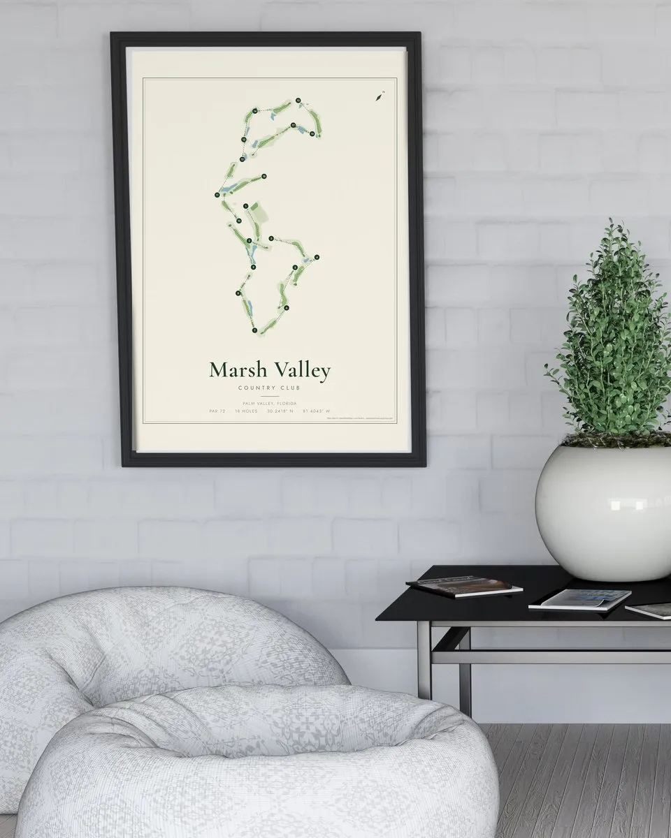 Marsh Valley Country Club golf course map print framed on a wall