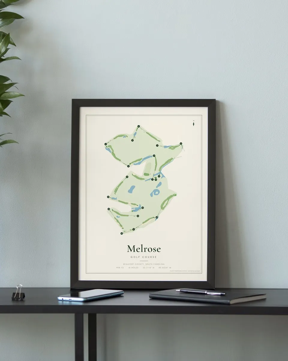 Melrose golf course map print framed on a wall