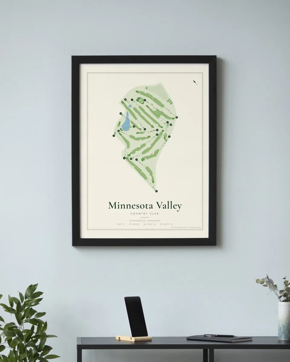 Minnesota Valley Country Club golf course map print framed on a wall