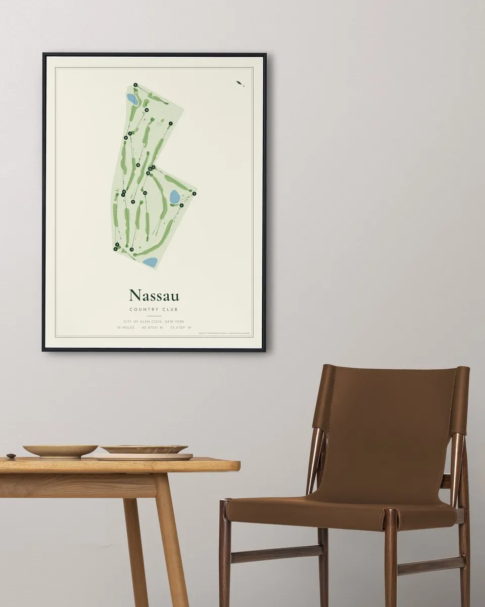 Nassau Country Club golf course map print framed on a wall
