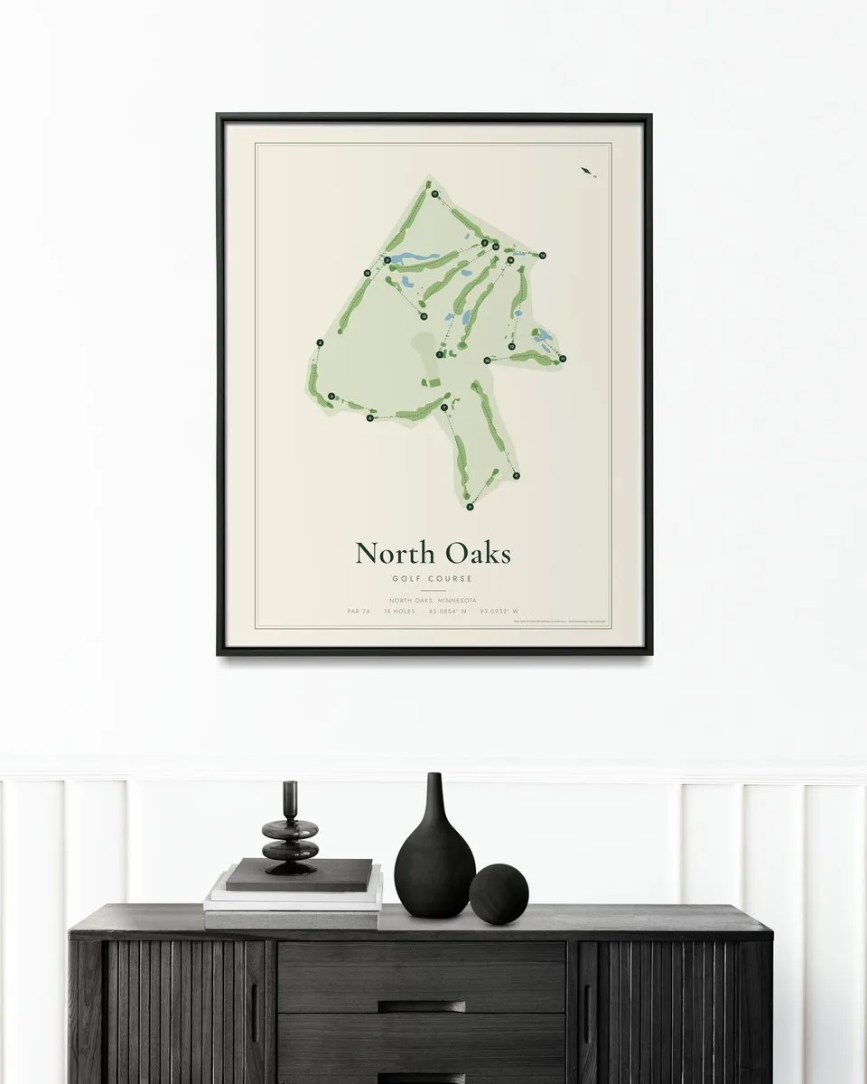 North Oaks Golf Course golf course map print framed on a wall