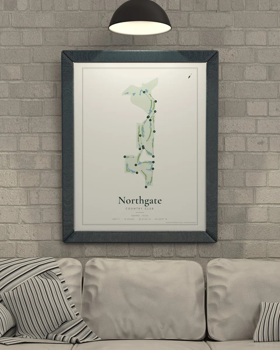 Northgate Country Club golf course map print framed on a wall