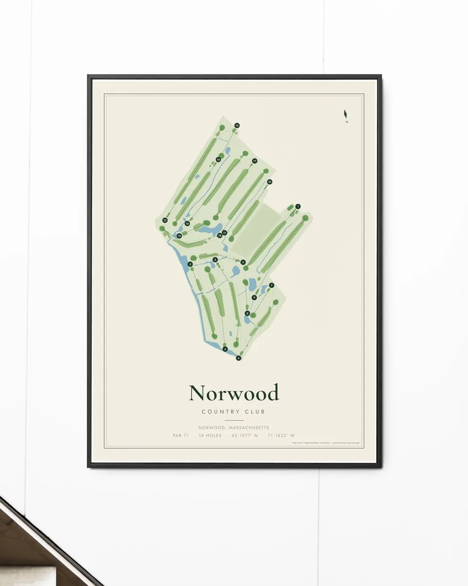 Norwood Country Club golf course map print framed on a wall