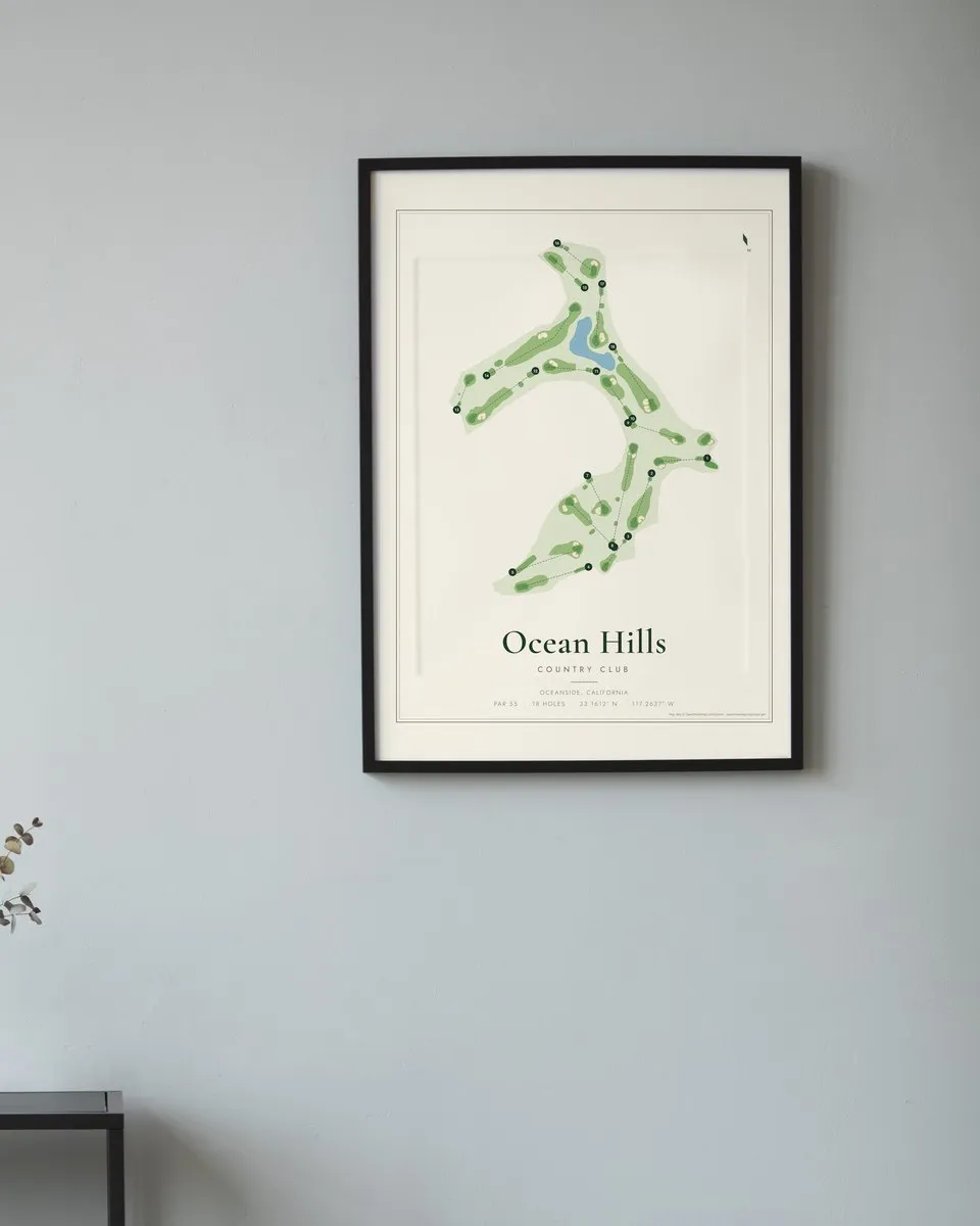 Ocean Hills Country Club golf course map print framed on a wall