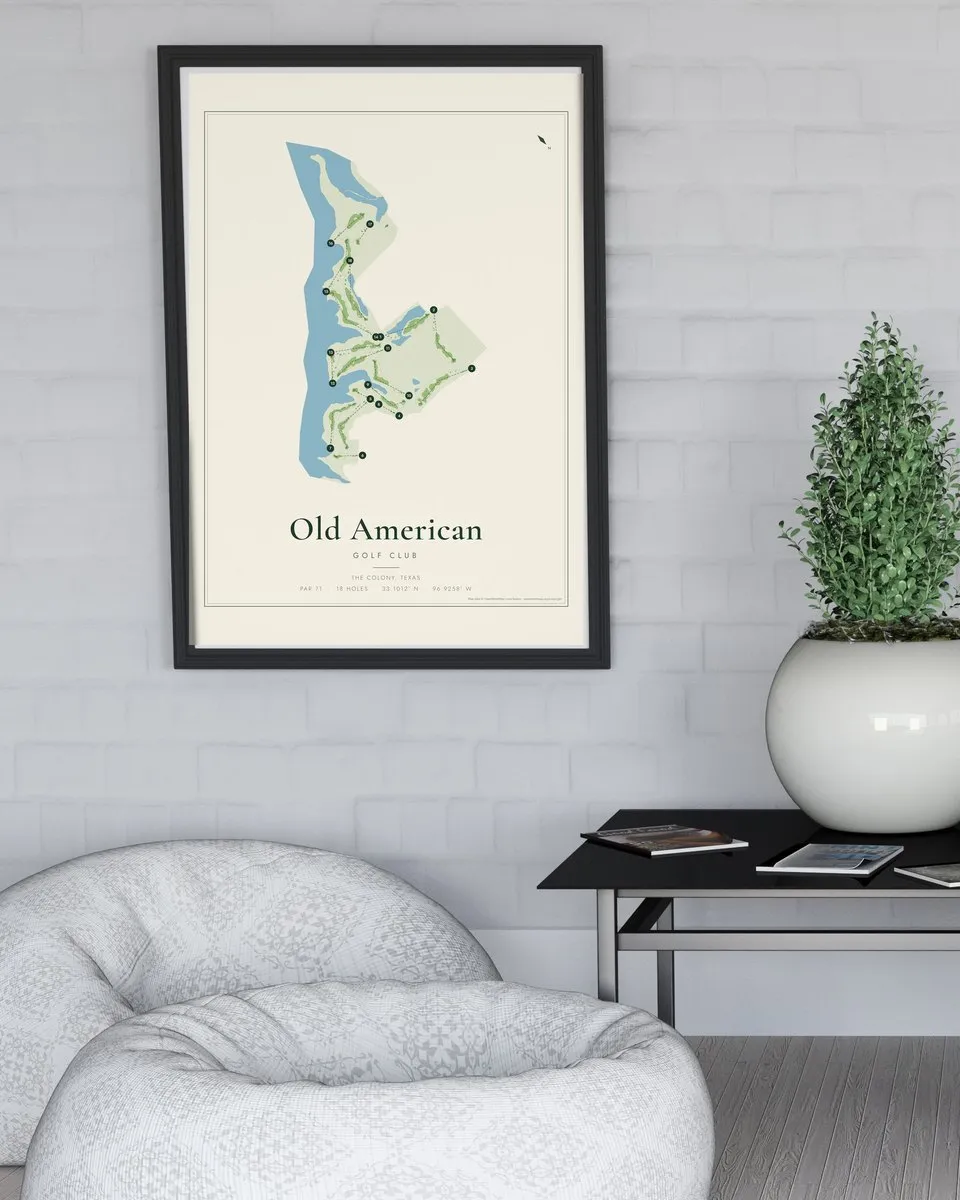 Old American Golf Club golf course map print framed on a wall