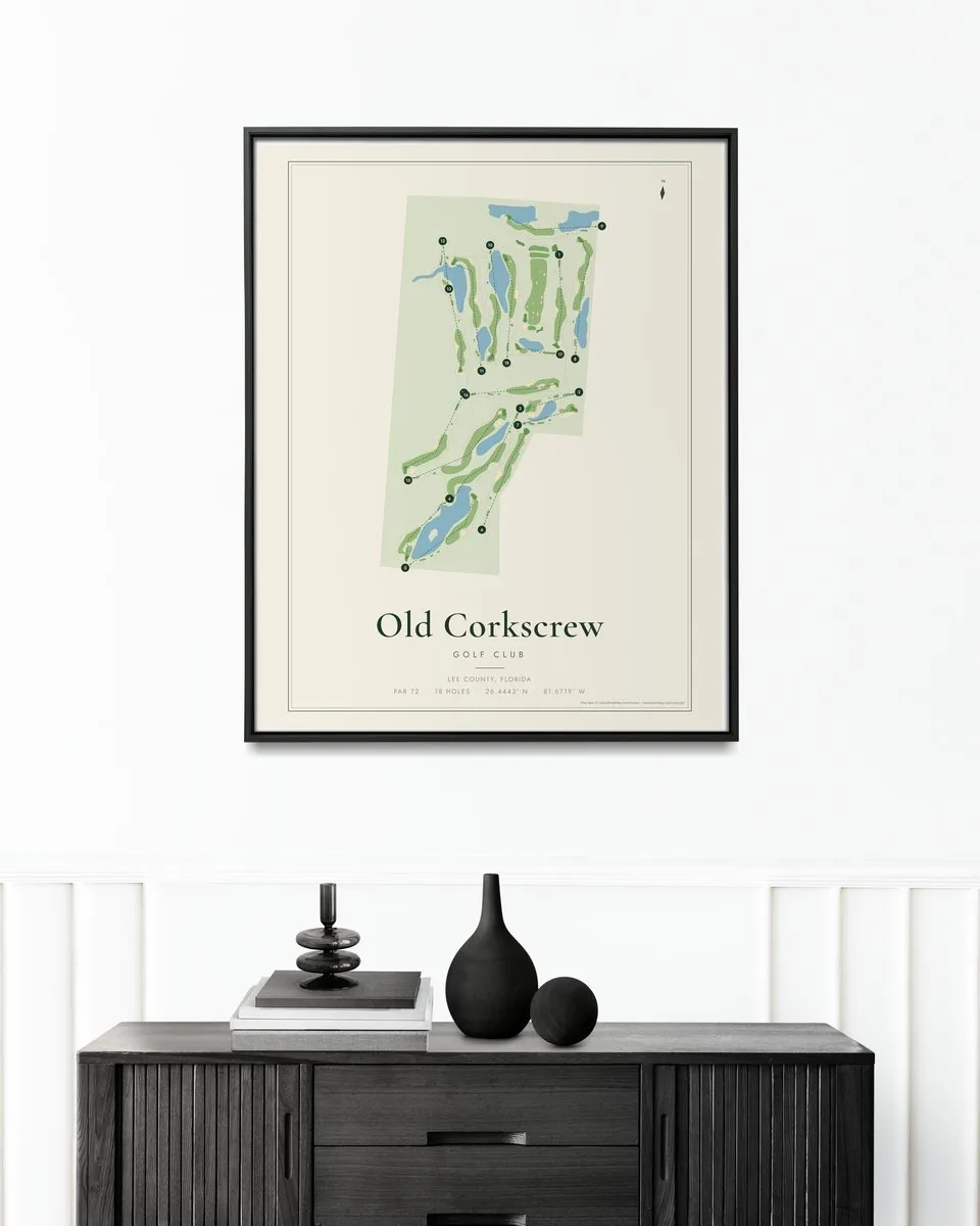 Old Corkscrew Golf Club golf course map print framed on a wall