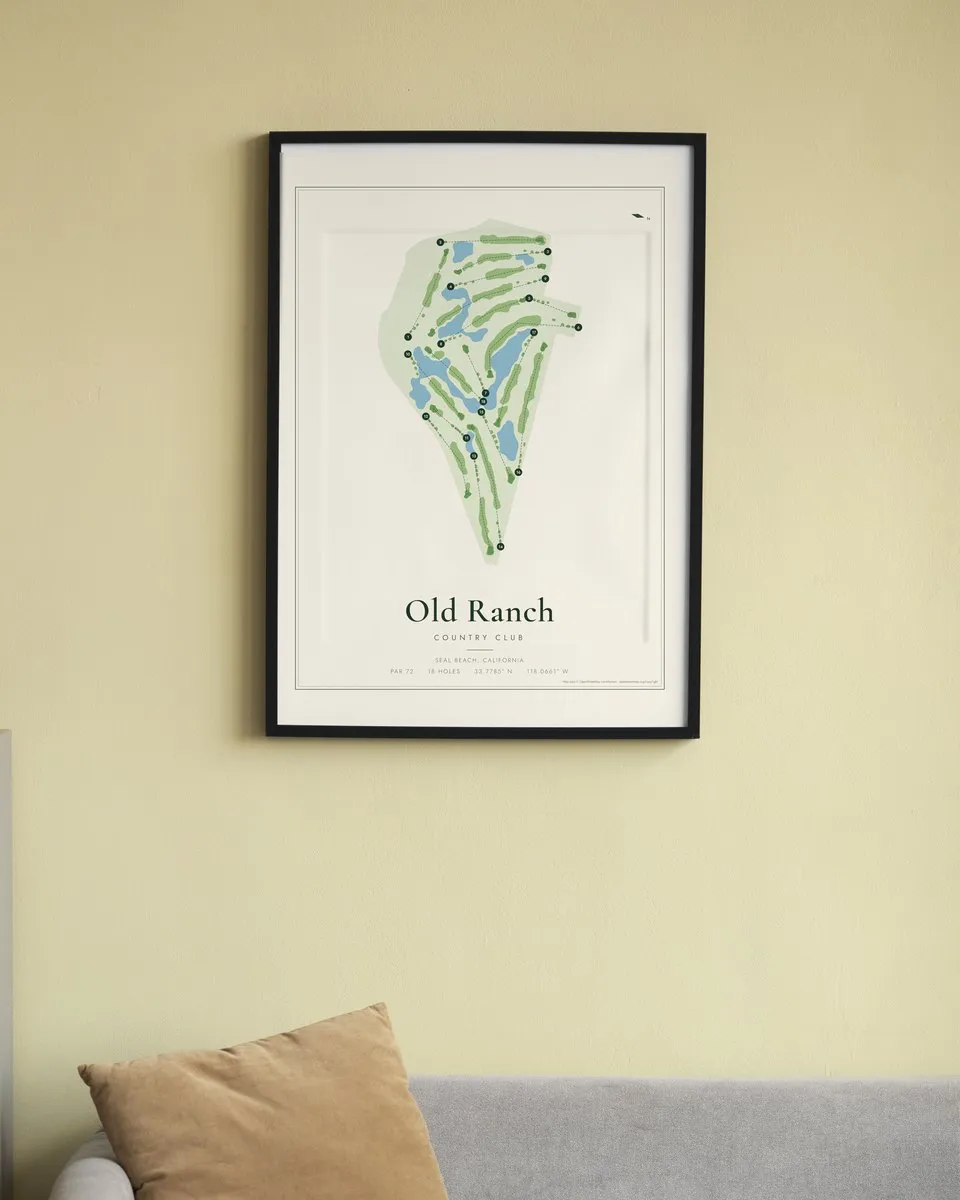 Old Ranch Country Club golf course map print framed on a wall