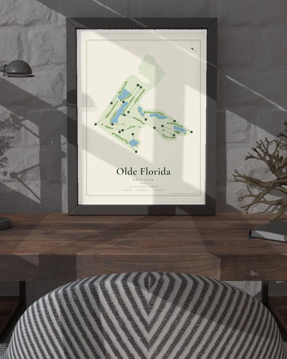 Olde Florida Golf Club golf course map print framed on a wall