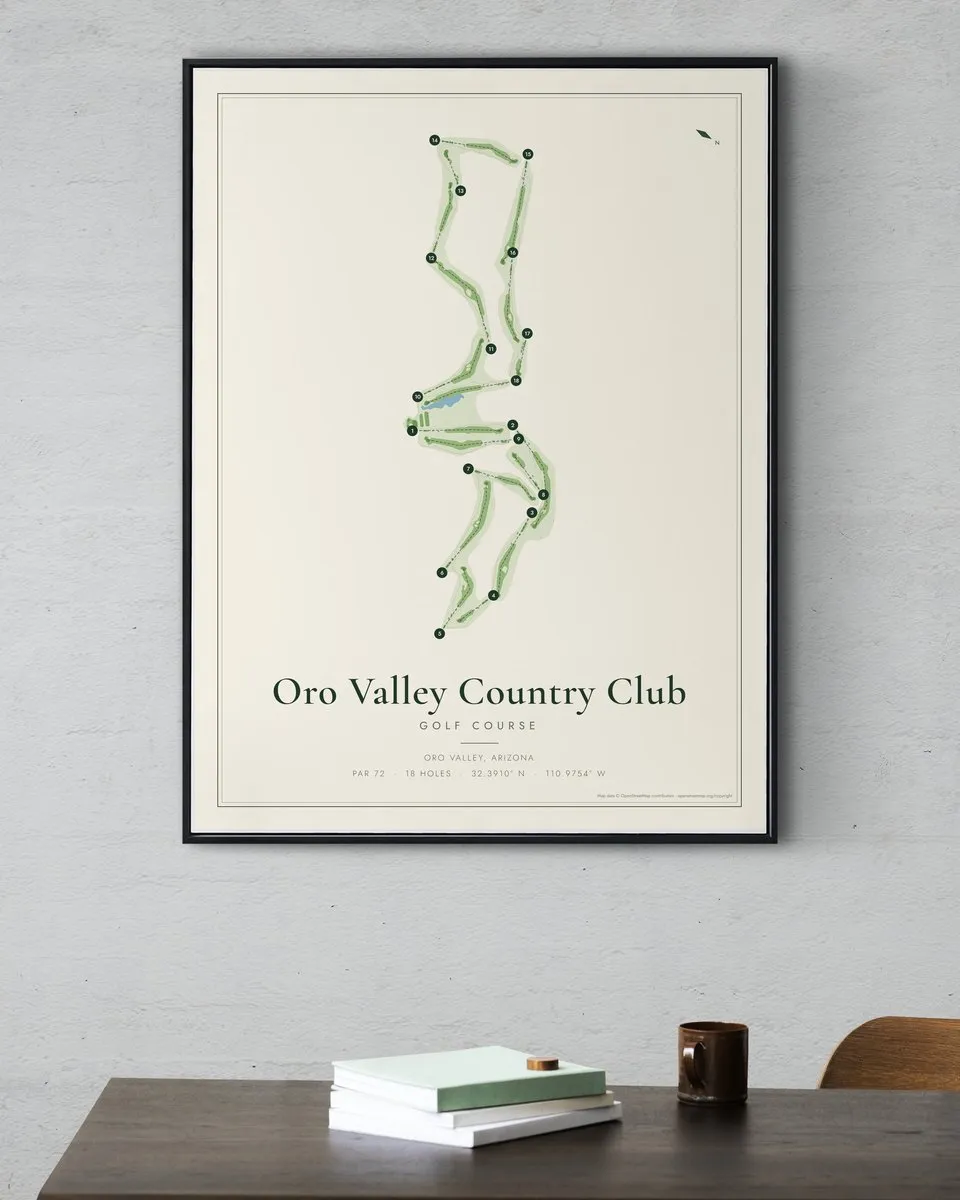 Oro Valley Country Club Golf Course golf course map print framed on a wall