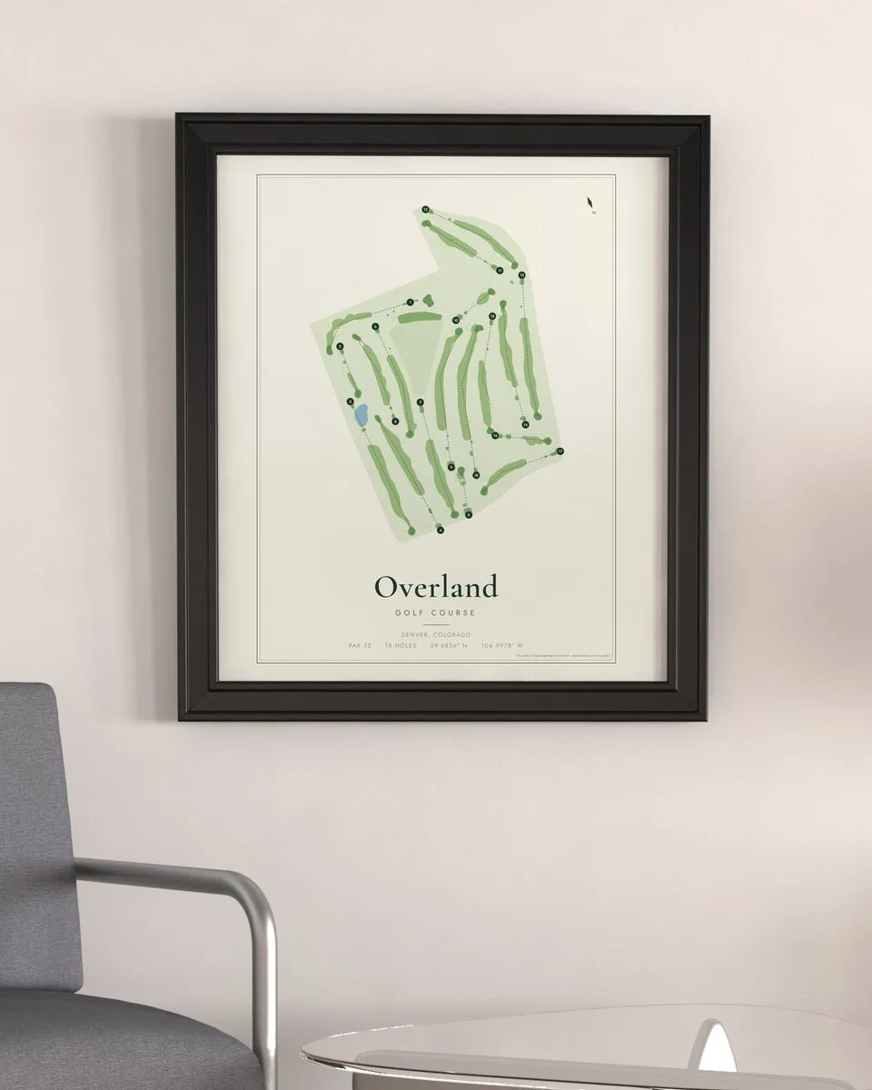 Overland Golf Course golf course map print framed on a wall