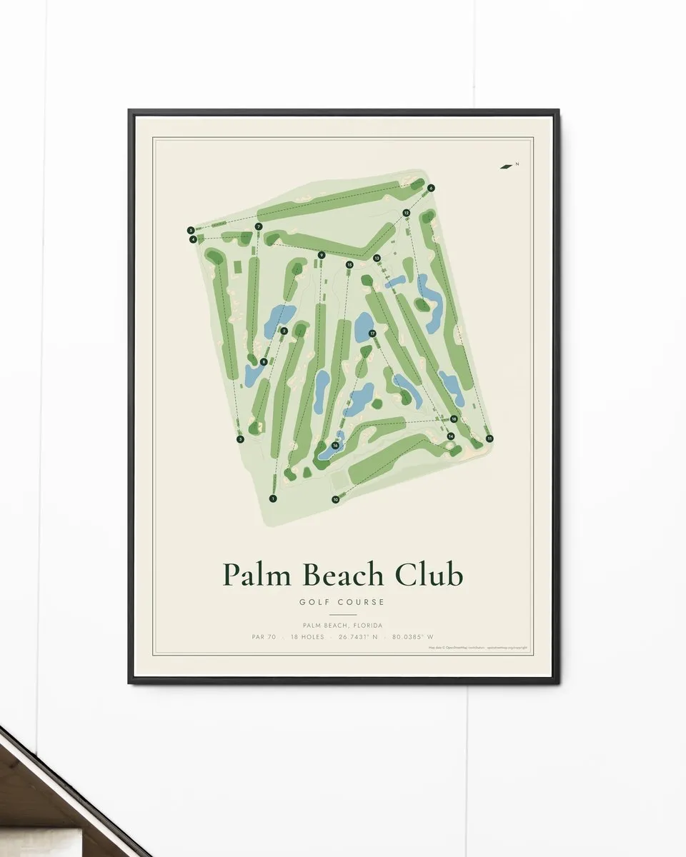 Palm Beach Club golf course map print framed on a wall