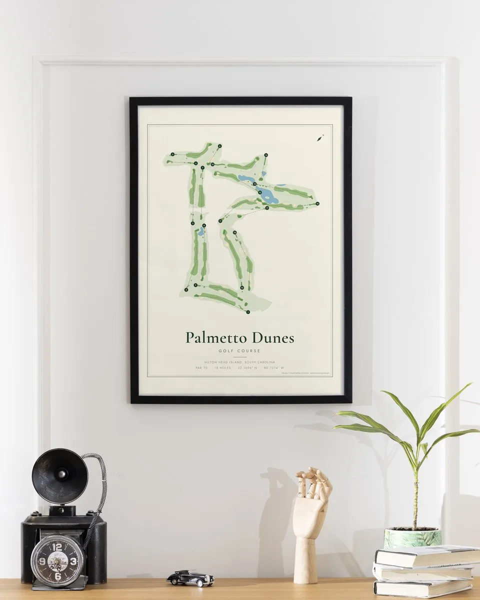 Palmetto Dunes - George Fazio Golf Course golf course map print framed on a wall