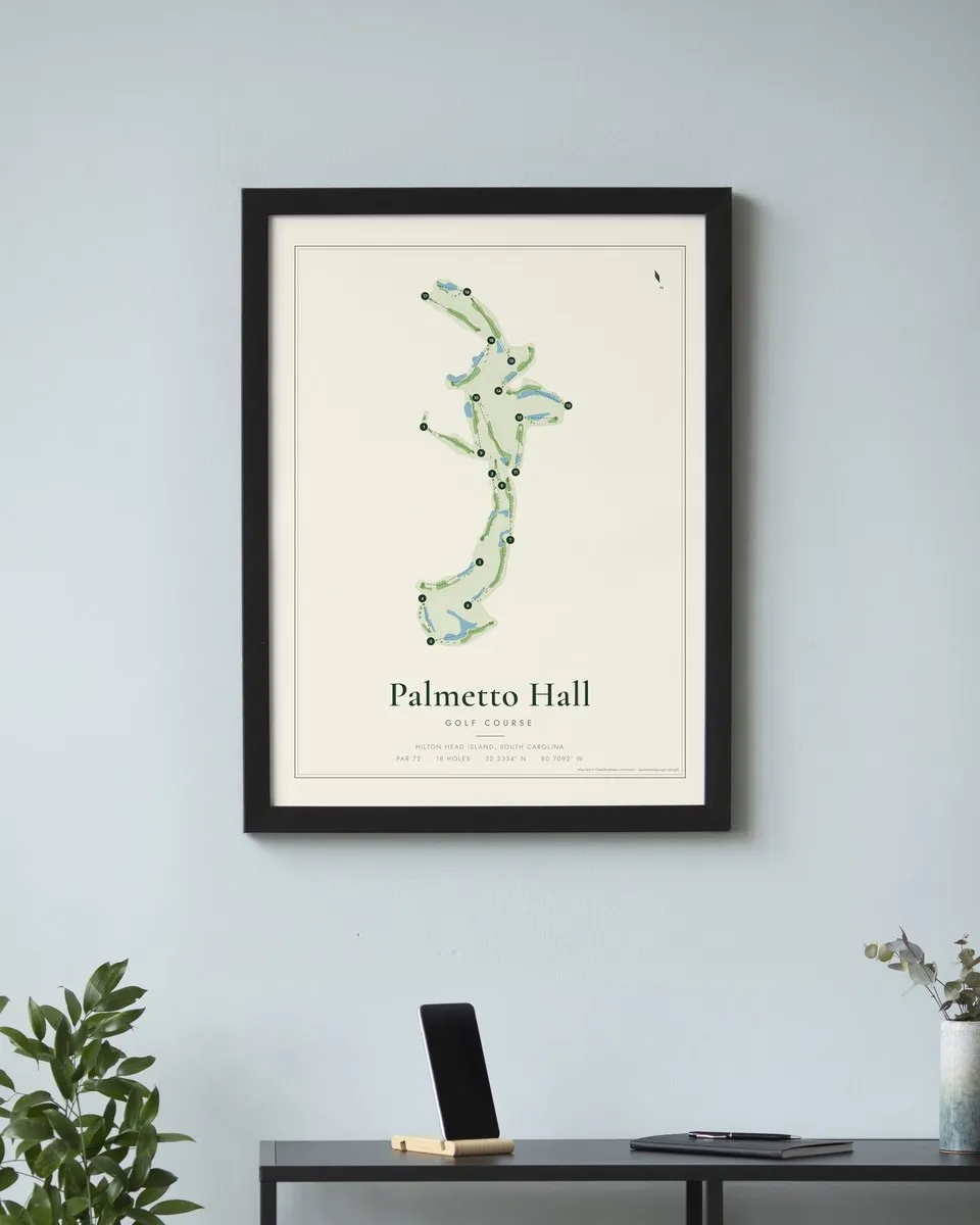 Palmetto Hall - Robert Cupp Golf Course golf course map print framed on a wall