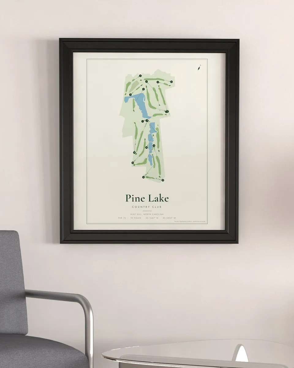 Pine Lake Country Club golf course map print framed on a wall