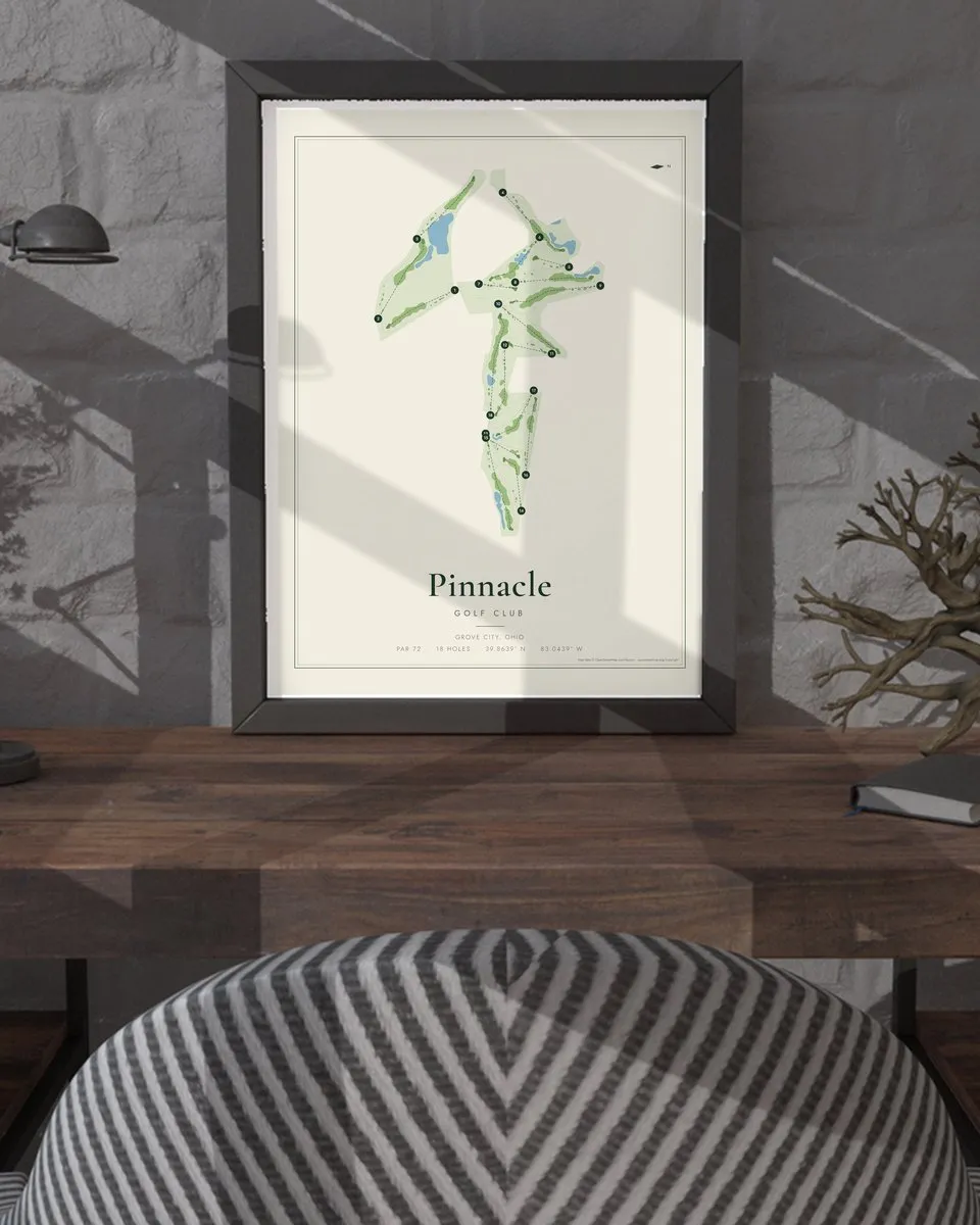 Pinnacle Golf Club golf course map print framed on a wall