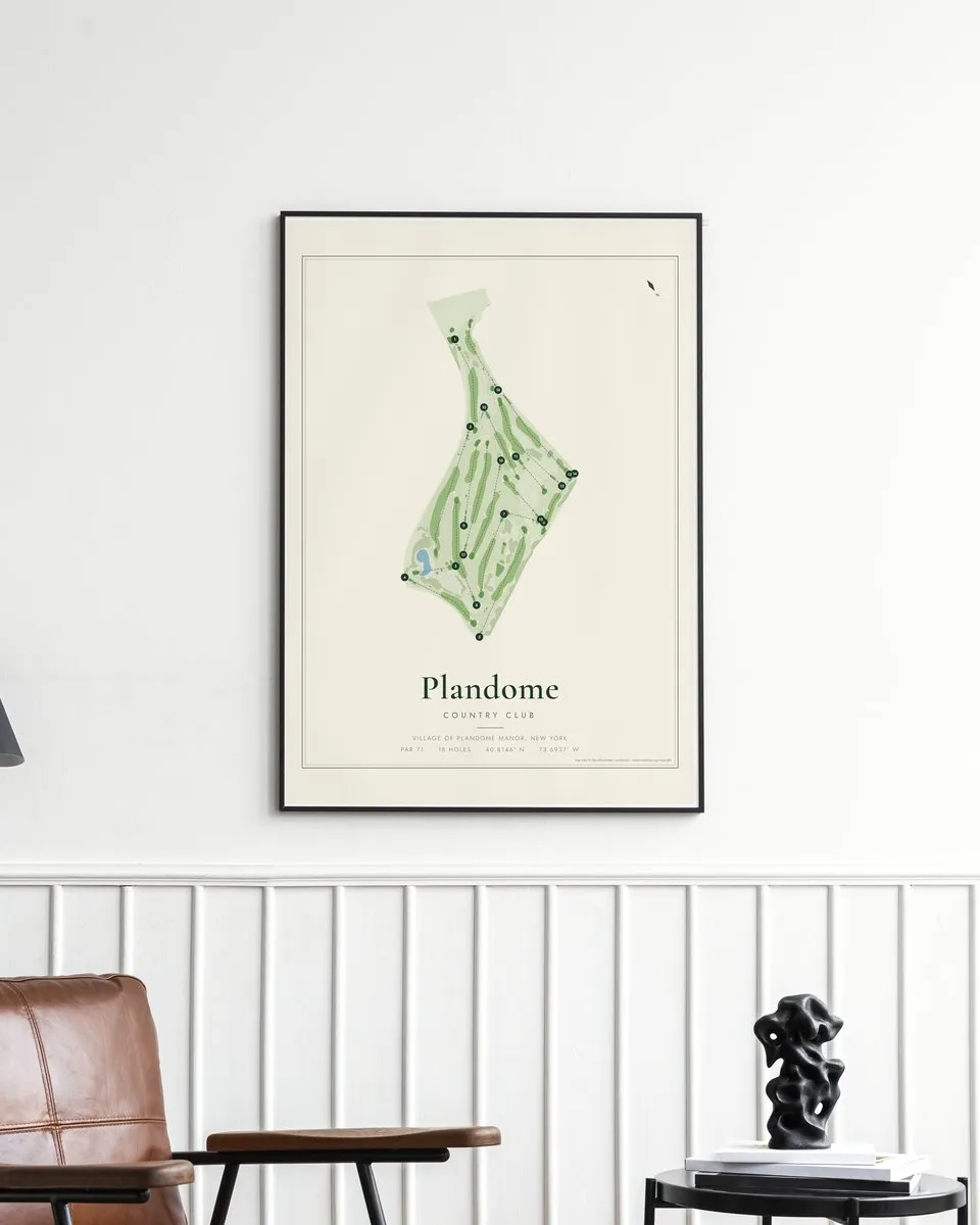 Plandome Country Club golf course map print framed on a wall