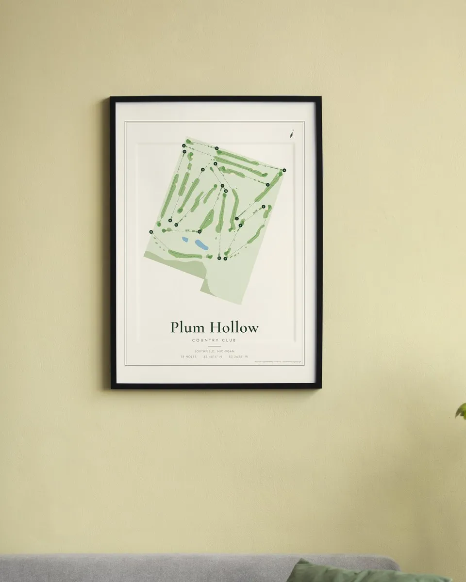Plum Hollow Country Club golf course map print framed on a wall