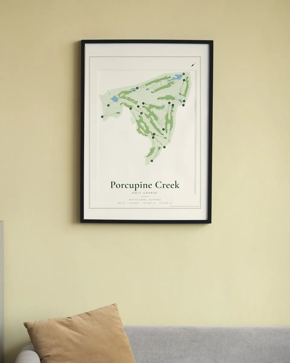 Porcupine Creek golf course map print framed on a wall