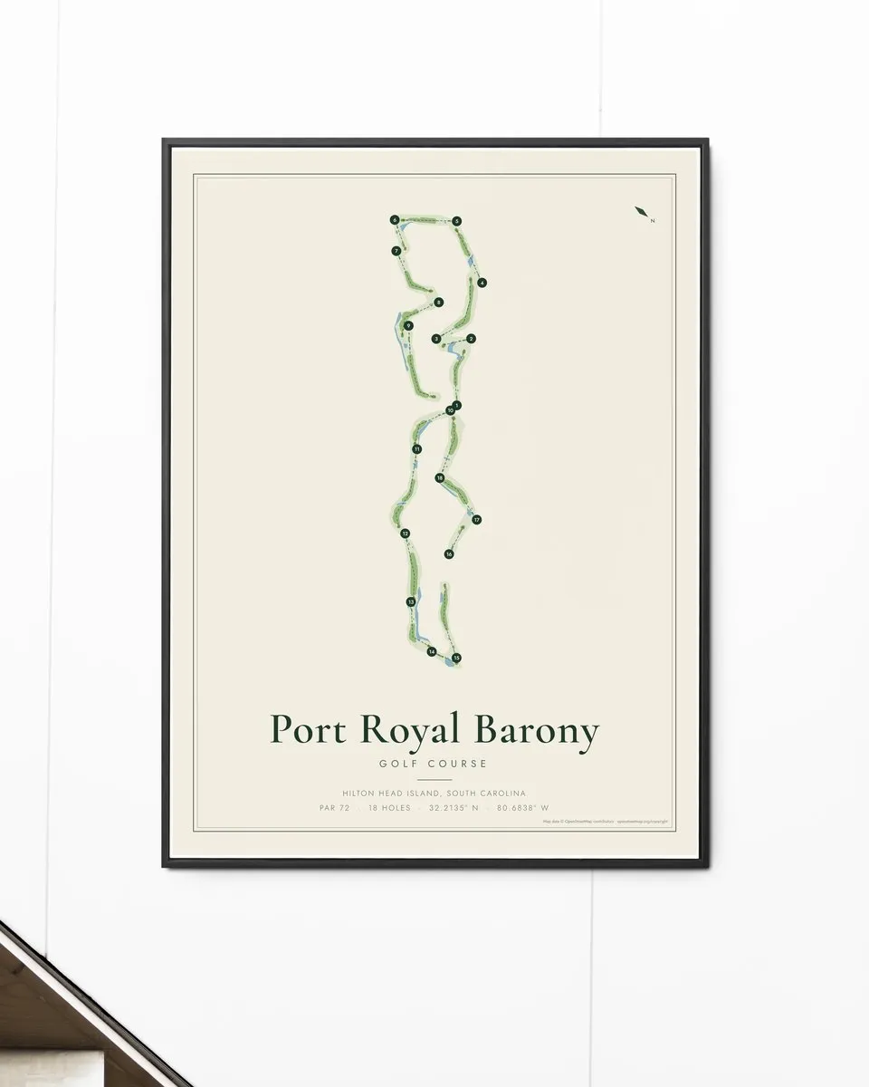 Port Royal Barony Golf Course golf course map print framed on a wall