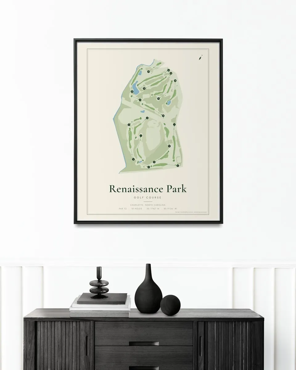 Renaissance Park Golf Course golf course map print framed on a wall