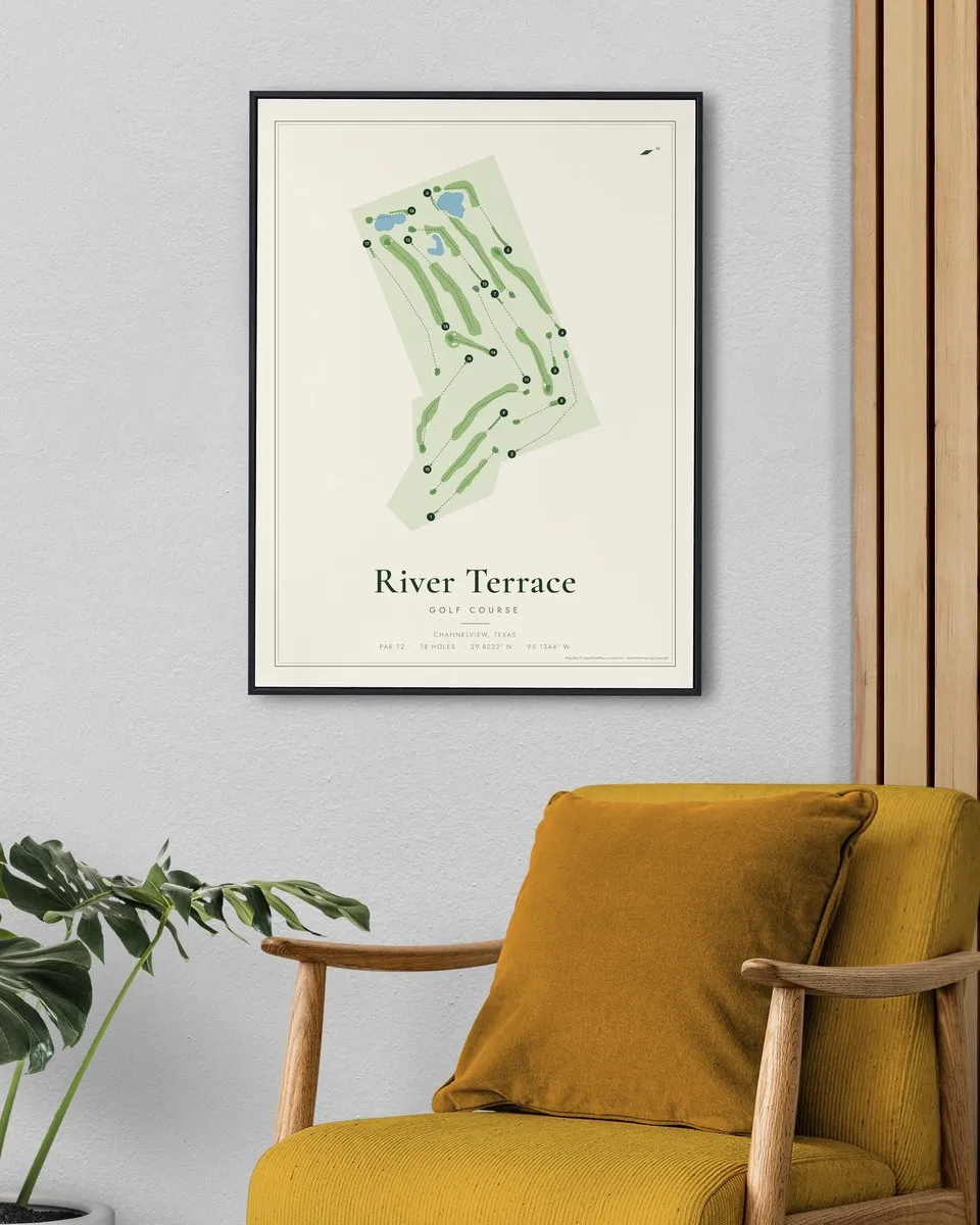 River Terrace Golf Course golf course map print framed on a wall