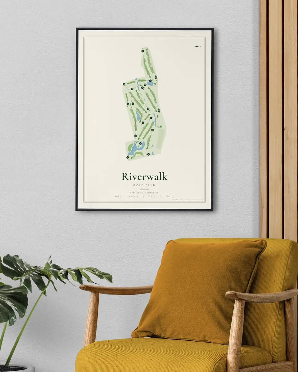 Riverwalk Golf Club golf course map print framed on a wall