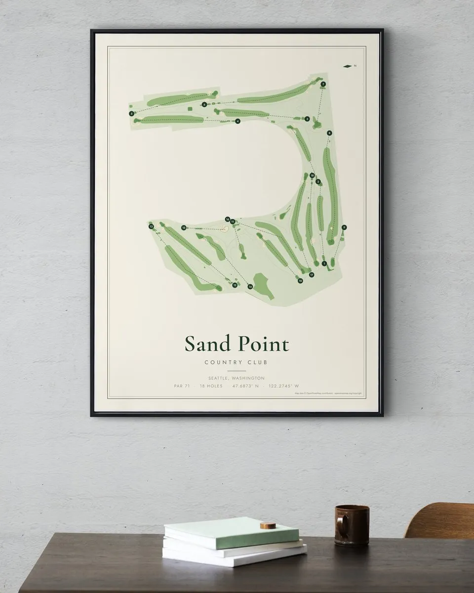 Sand Point Country Club golf course map print framed on a wall