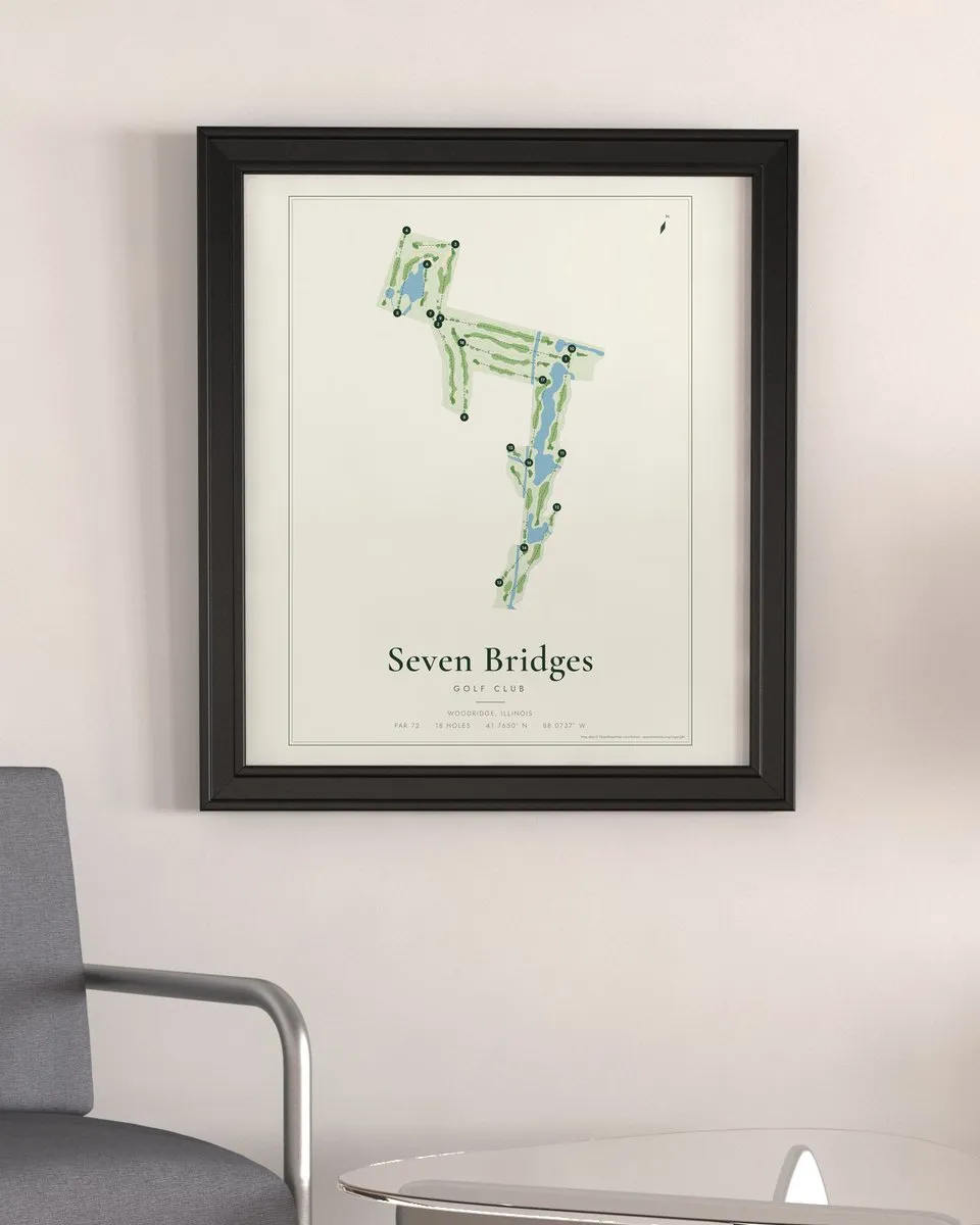 Seven Bridges Golf Club golf course map print framed on a wall