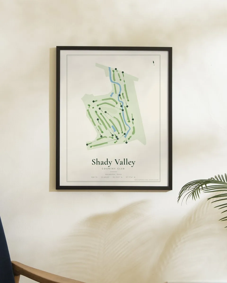 Shady Valley Country Club golf course map print framed on a wall
