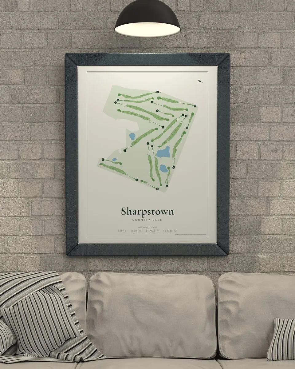 Sharpstown Country Club golf course map print framed on a wall
