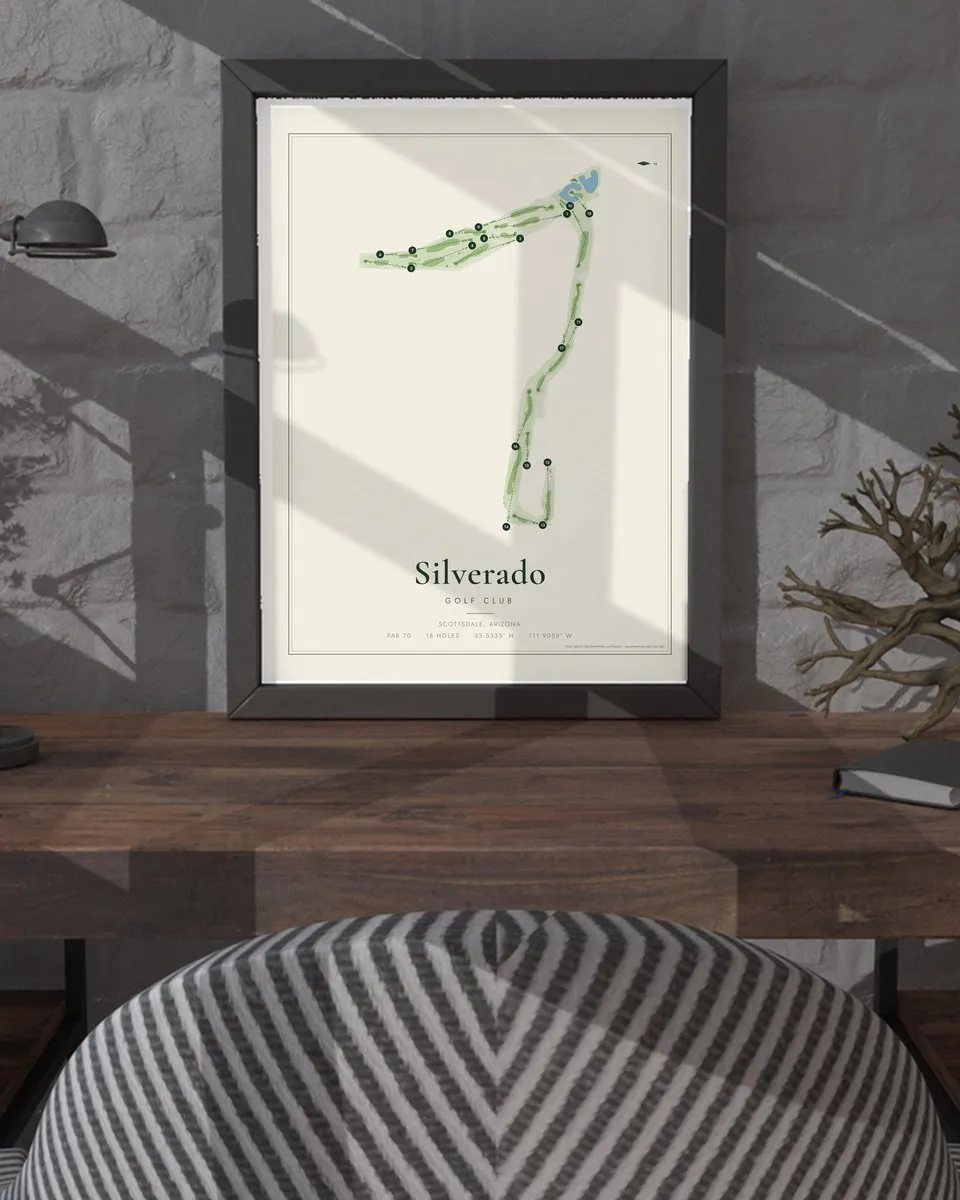 Silverado Golf Club golf course map print framed on a wall