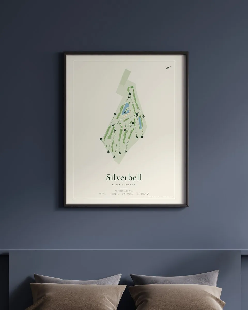 Silverbell Golf Course golf course map print framed on a wall