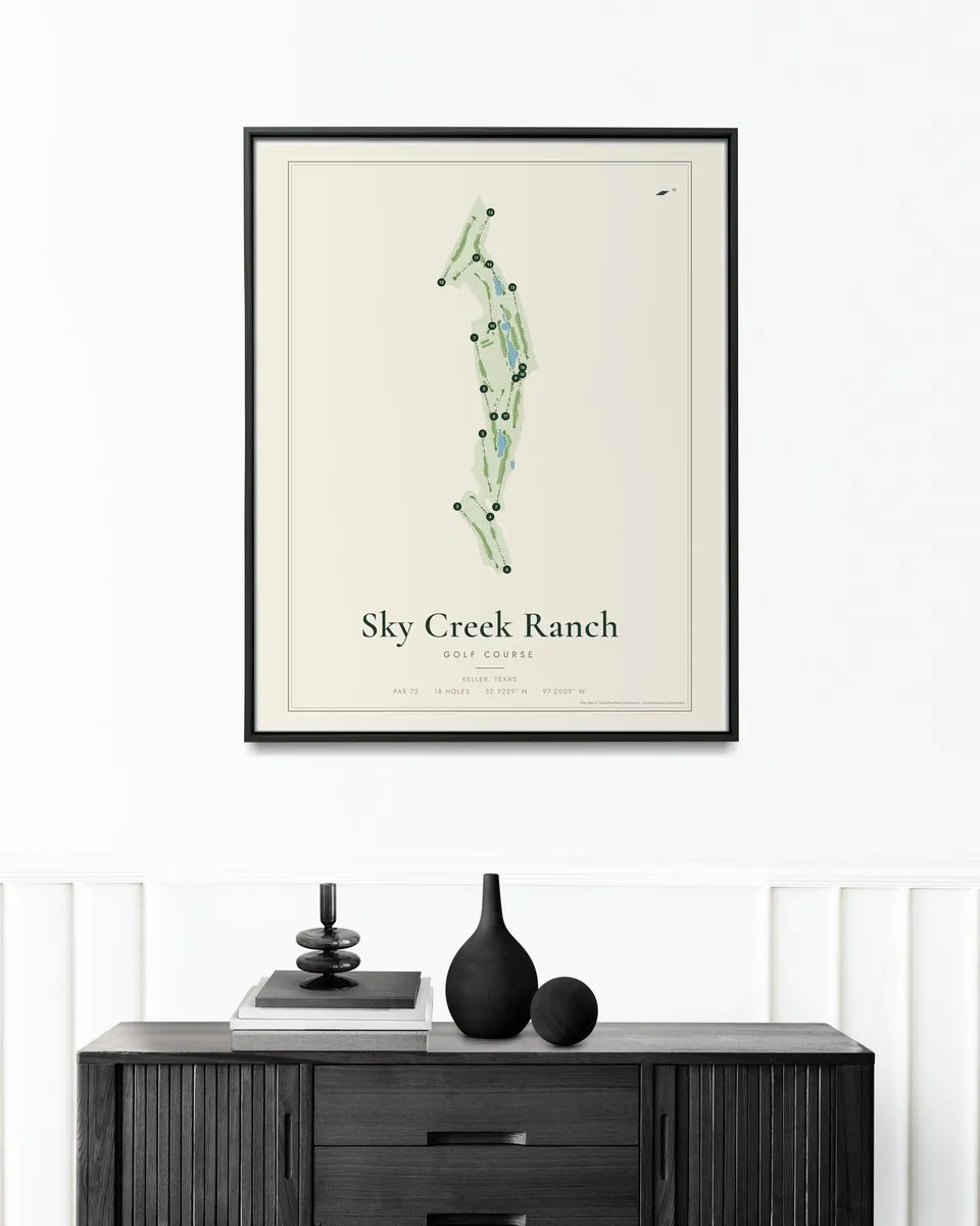 Sky Creek Ranch golf course map print framed on a wall