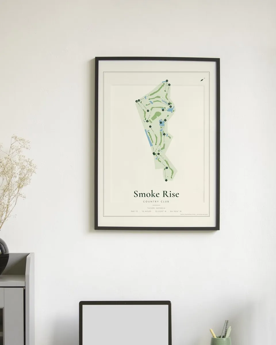 Smoke Rise Country Club golf course map print framed on a wall