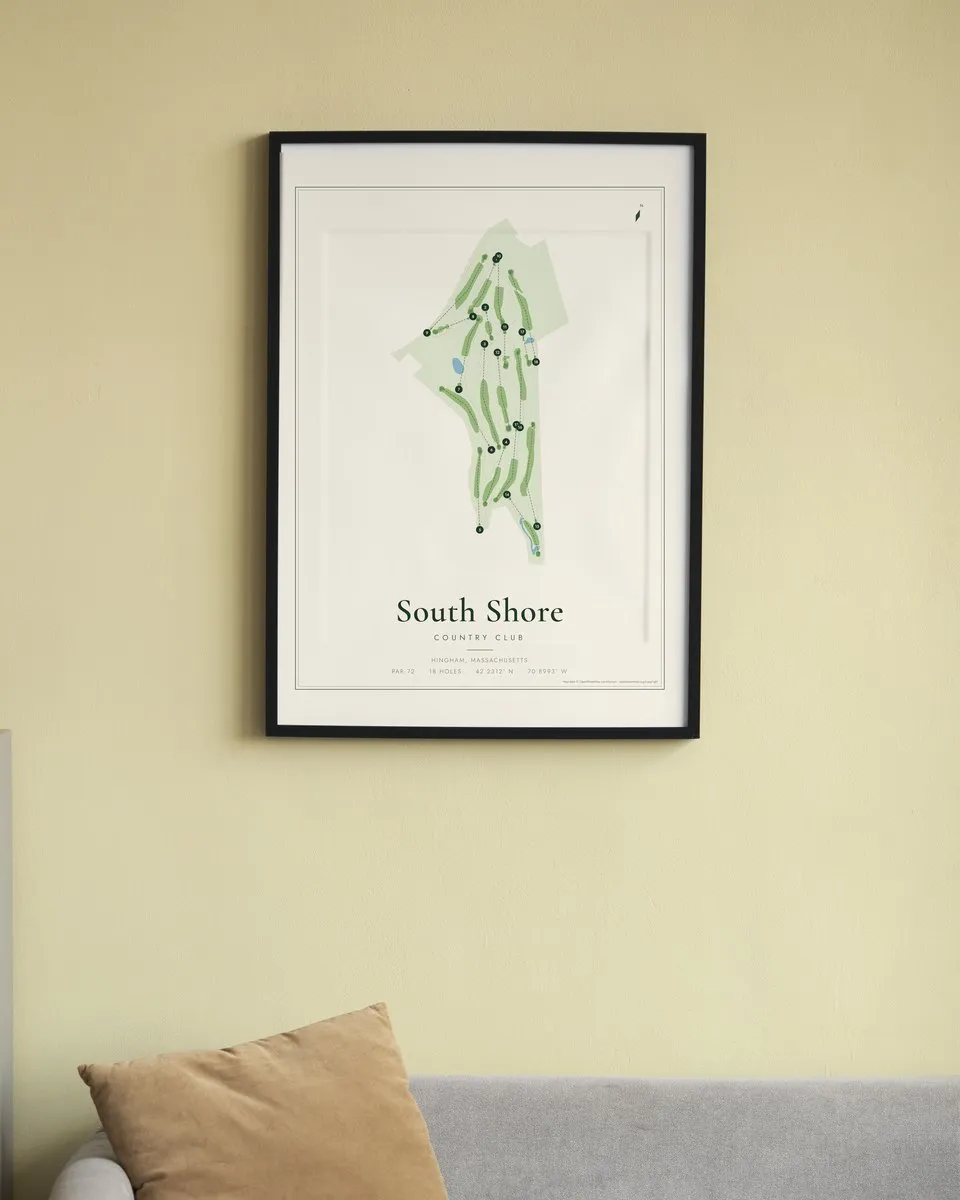 South Shore Country Club golf course map print framed on a wall