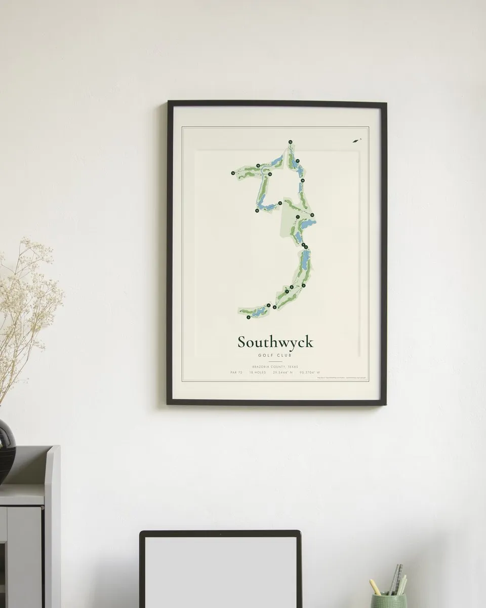Southwyck Golf Club golf course map print framed on a wall