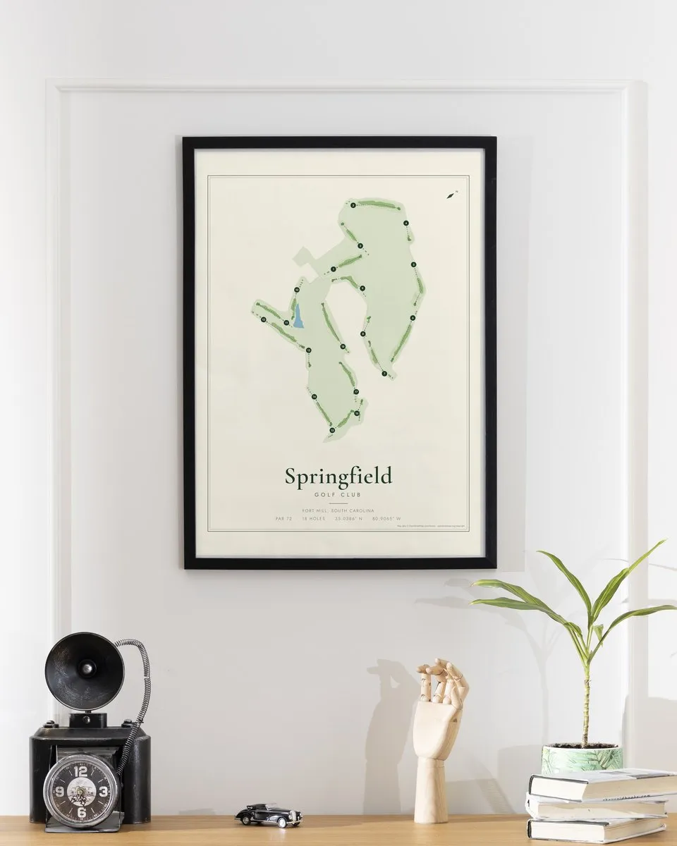 Springfield Golf Club golf course map print framed on a wall