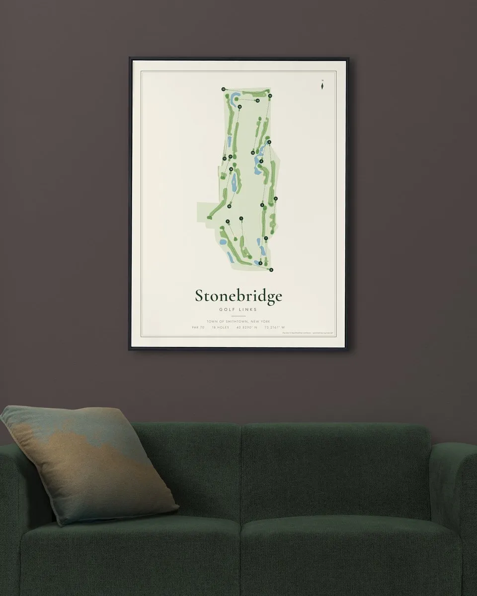 Stonebridge Golf Links golf course map print framed on a wall