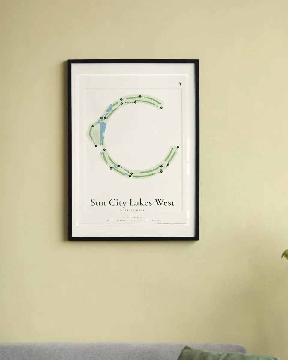 Sun City Lakes West Golf Course golf course map print framed on a wall