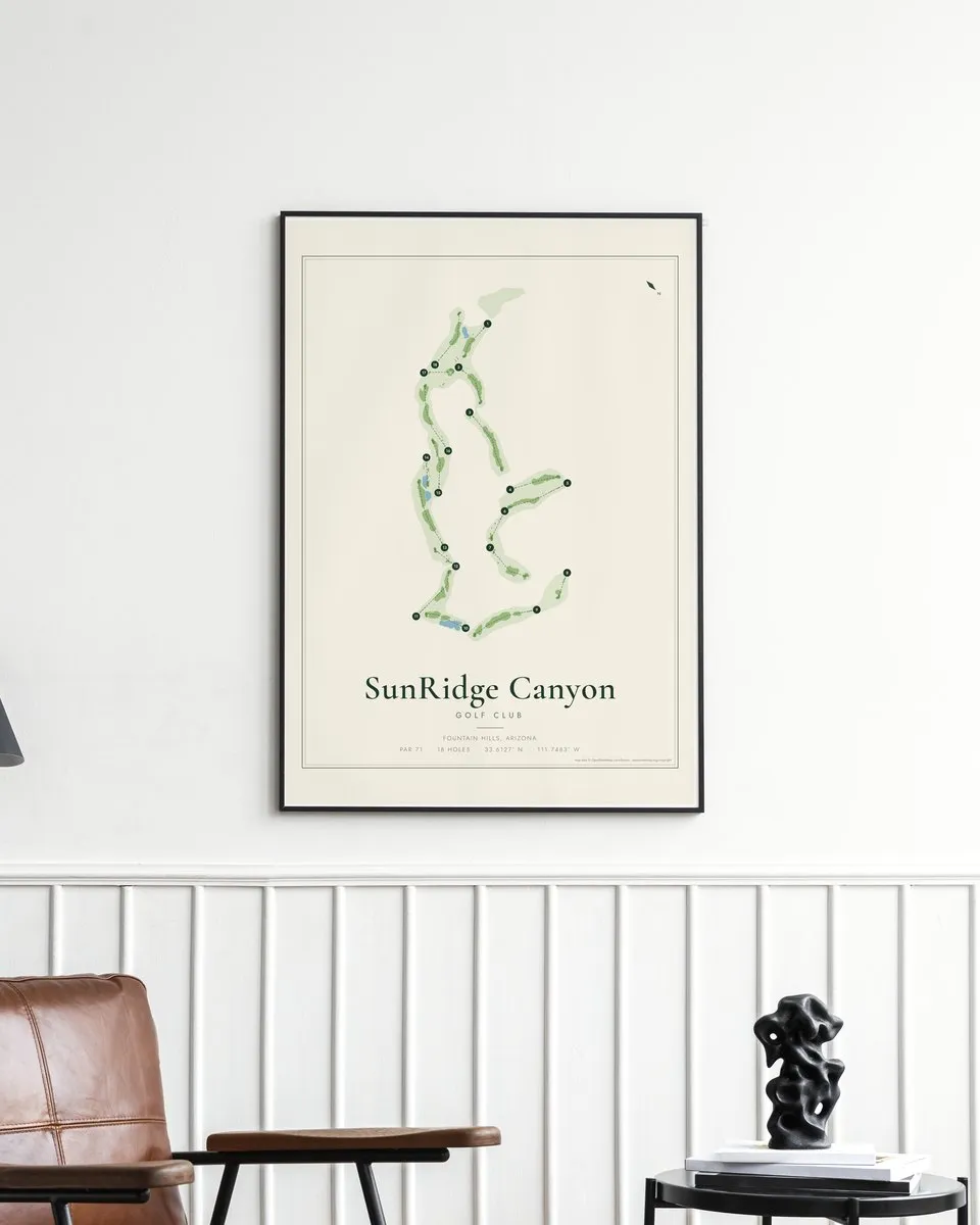SunRidge Canyon Golf Club golf course map print framed on a wall